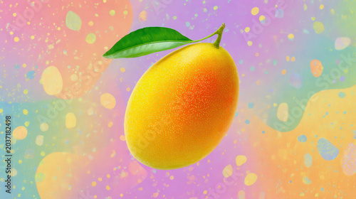 Golden Fruit on Colorful Swirls: A vibrant yellow and orange fruit, possibly a plum or small mango, with a single green leaf and stem.