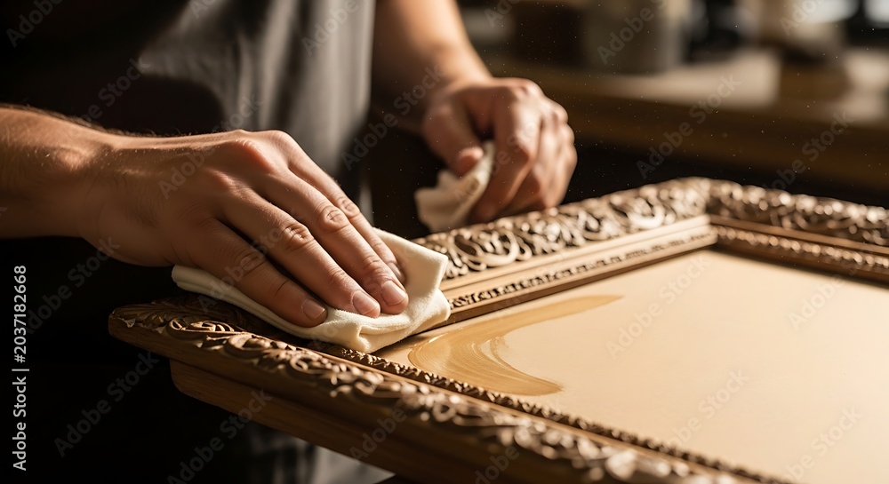 Fototapeta premium A detailed shot showing hands gently polishing a vintage, intricately carved wooden frame with a soft cloth, highlighting the restoration process.