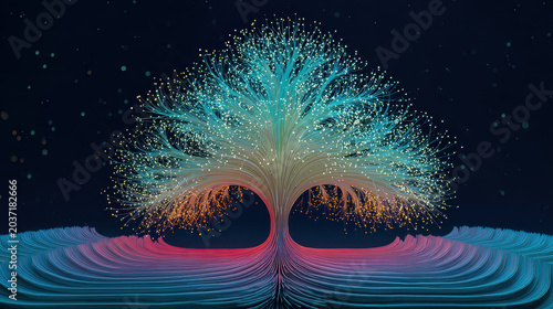 Digital Tree of Life: An abstract, vibrant tree of light, composed of glowing fiber optic strands, emerges from a luminous, rippling foundation against a dark, star-dusted background.