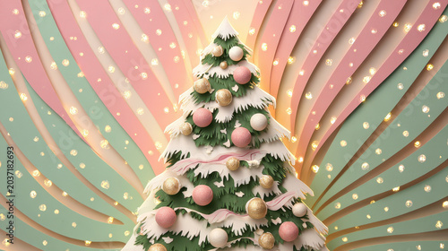 Festive Holiday Tree: A beautifully decorated Christmas tree with snow-kissed branches, adorned with pastel ornaments and twinkling lights, creating a warm and inviting holiday atmosphere.