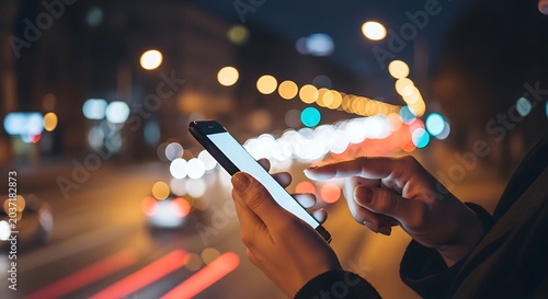 A person uses a mobile phone in a city at night, with bokeh lights from traffic and buildings creating a vibrant, blurred backdrop.
