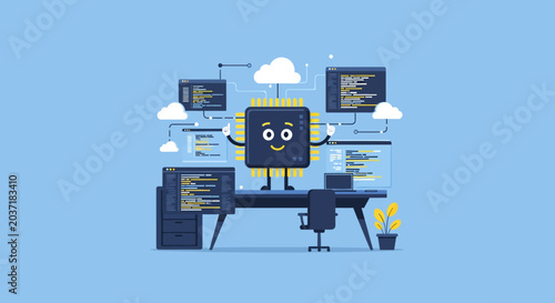 Friendly Microchip Mascot Character Presenting Technology Concept
