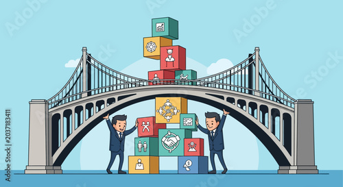 Vector Illustration of a Bridge Arch Mascot Supporting an Architectural Structure