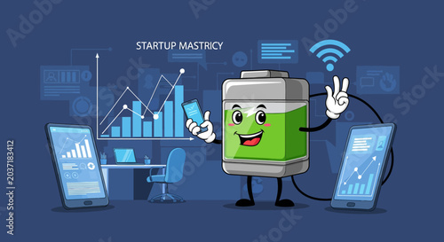 Energetic Battery Charger Mascot Character Boosting Power with Lightning Bolt Icon