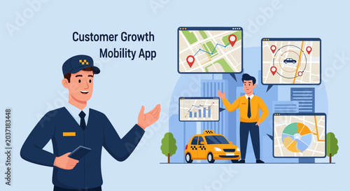 Friendly Taxi Driver Mascot Explaining Concepts with Gestures, Vector Illustration