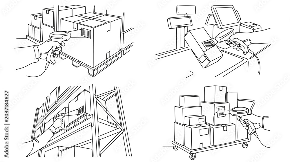 Obraz premium continuous line drawing Workers operating warehouse equipment and machinery.