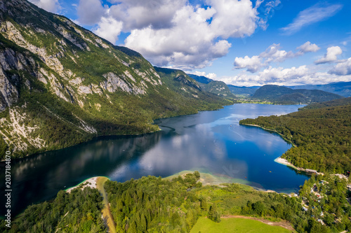 Obraz na plátně Lake Bohinj surrounded by green mountains, Slovenia