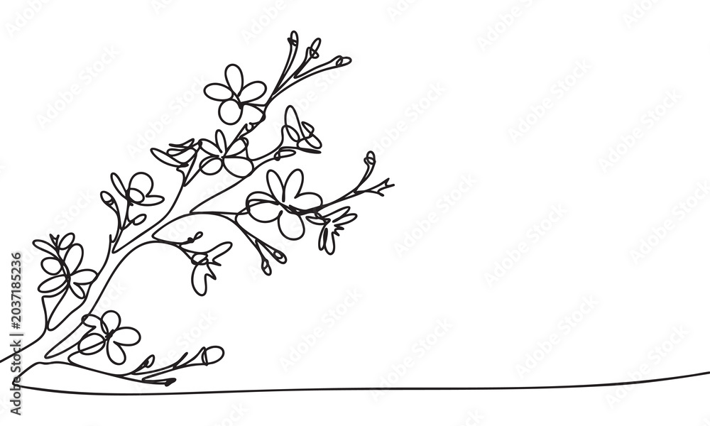 Fototapeta premium Blooming cherry blossom branch isolated one line continuous style. 