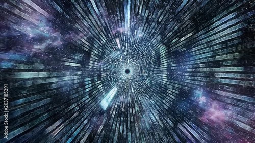 Abstract digital tunnel with futuristic data streams and cosmic background in blue and purple tones