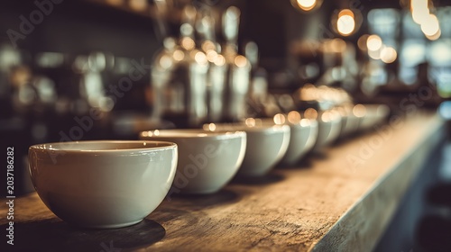 Row of empty ceramic coffee cups lined up on a wooden counter in a cafe.