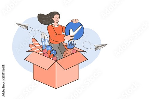 Online grocery delivery and order checkmark approval concept with character. Happy woman with fresh food box for e-commerce supermarket website, store shipping banner, or retail commerce poster.