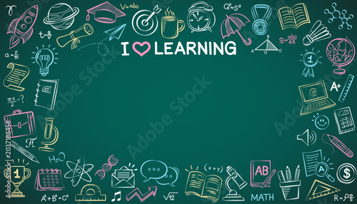 Education e-learning template and back to school banner with blackboard copy space. digital presentation backdrop with colorful chalk line doodles for online course slides, kid seminar covers.