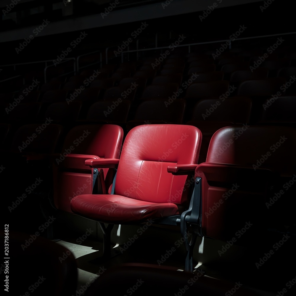 Fototapeta premium Spotlit Red Cinema Seat in Dark Auditorium