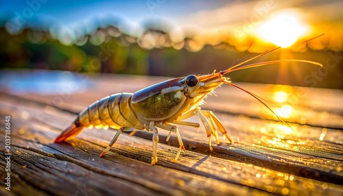 Close-up of a crustacean with long antennae sitting on weathered wooden planks, bathed in warm sunlight at sunset