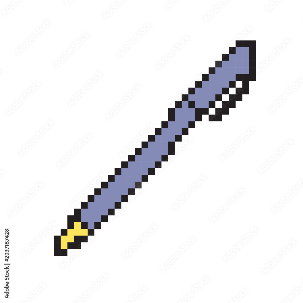 Fototapeta premium Blue and yellow pixel art ballpoint pen vector icon. Retro 8-bit illustration of school stationery isolated on white background. Minimalist pixelated symbol.