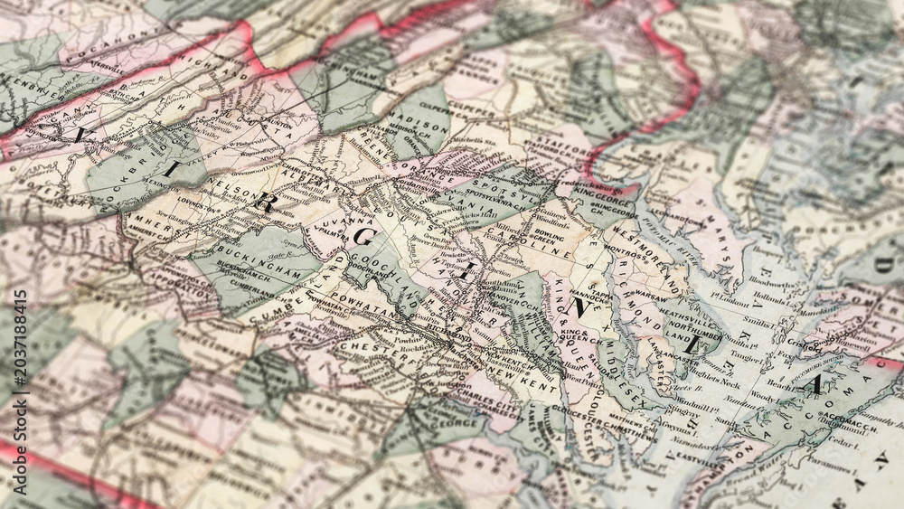 Fototapeta premium Macro View of Vintage Map Highlighting Virginia USA with Detailed Geographic Cartography