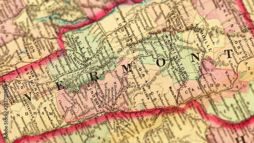 Tableau sur toile Macro View of Vintage Map Highlighting Vermont USA with Detailed Geographic Cart