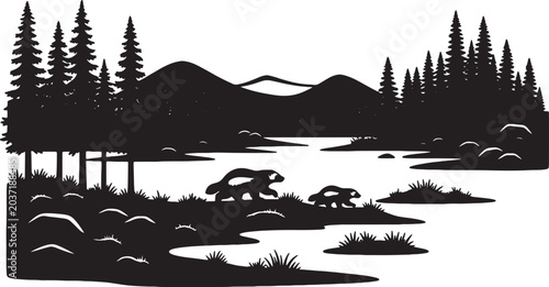 Minimalist Northern Wilderness Silhouette Illustration Featuring Pine Trees and Mountain Peaks, Clean Vector Graphic for Professional Design Projects on White Background