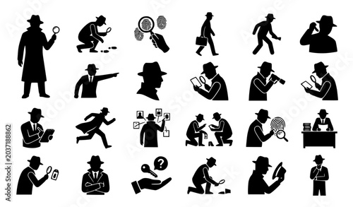 Black and white detective silhouette icon set with magnifying glass mystery investigator symbols