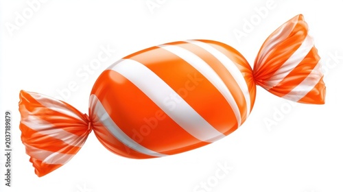 Individually wrapped orange and white striped hard candy on a white background