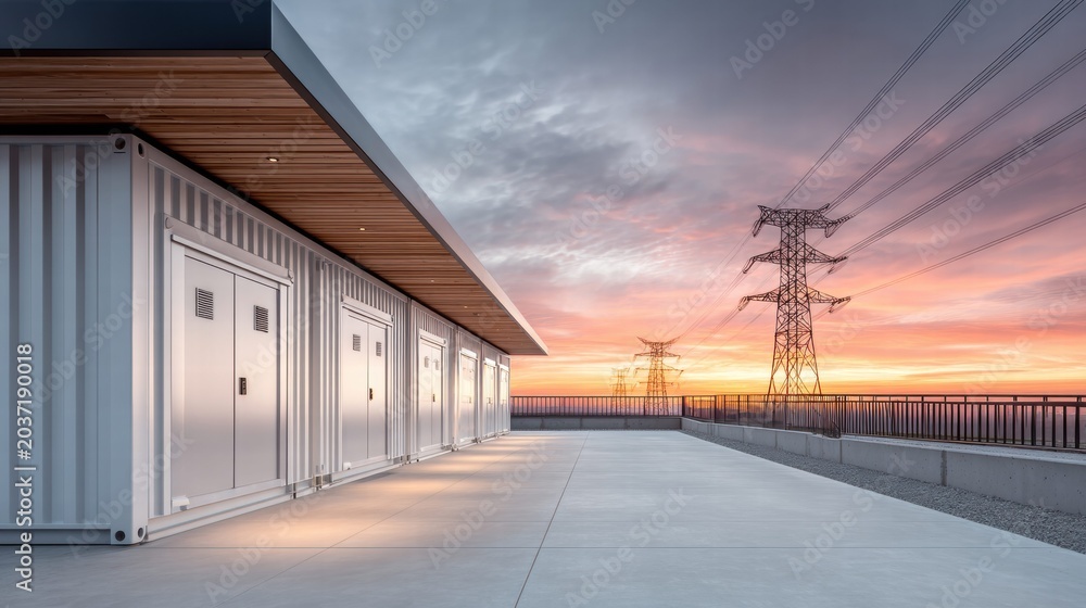 Fototapeta premium Modern energy storage facility with power lines at sunset