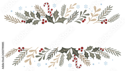 Christmas greeting card with a decorated Christmas tree, winter holiday decorations, snowflakes, stars, gifts, and festive seasonal design illustration