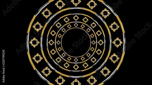 Seamless loop of abstract luxury Thai traditional ornament background. Golden and silver geometric circular pattern rotating on black background. Elegant culture motion graphic.