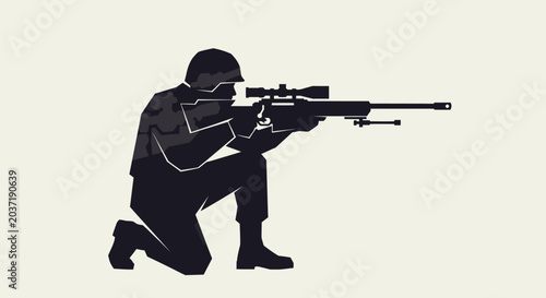 Silhouette of a tactical sniper kneeling with a long range rifle.