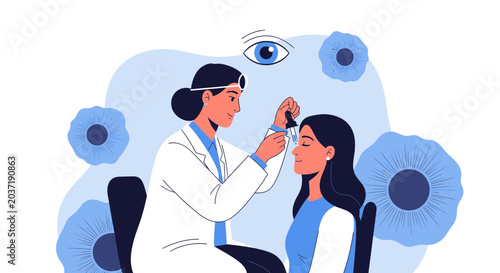Optometrist applying eye drops to patient during eye exam. Vision care concept.