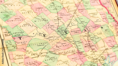Foto Macro View of Vintage Map Highlighting Texas USA with Detailed Geographic Cartog