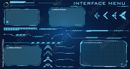 Futuristic user interface menu elements with digital displays and progress bars