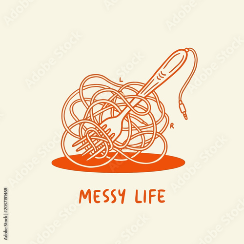 Tangled earbuds and phone charger.