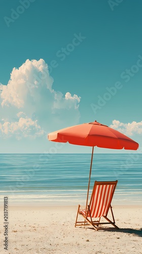 Empty sunbeds and umbrella on a beautiful tropical beach with turquoise sea