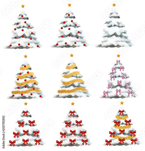 Hand Drawn White Snowy Christmas Tree Clipart Set with Lights, Ornaments and Bows Isolated on Transparent Background for Holiday Cards and Festive Designs