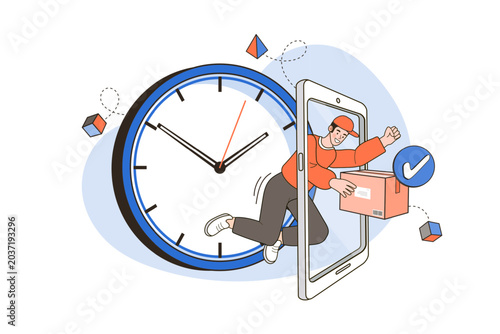 Express delivery and fast shipping concept with courier jumping from smartphone. Creative online shopping banner featuring giant round clock, cardboard parcel box, and checkmark icon.
