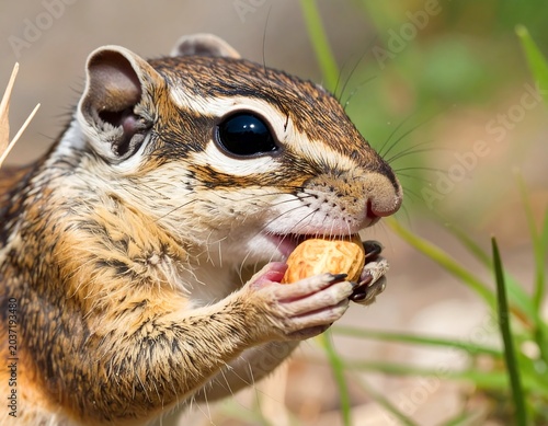 Close-up of a chipmunk, face in profile, eating a peanut with delicate paws. Vibrant fur and large eye are clear. The scene is bright and in natural light
