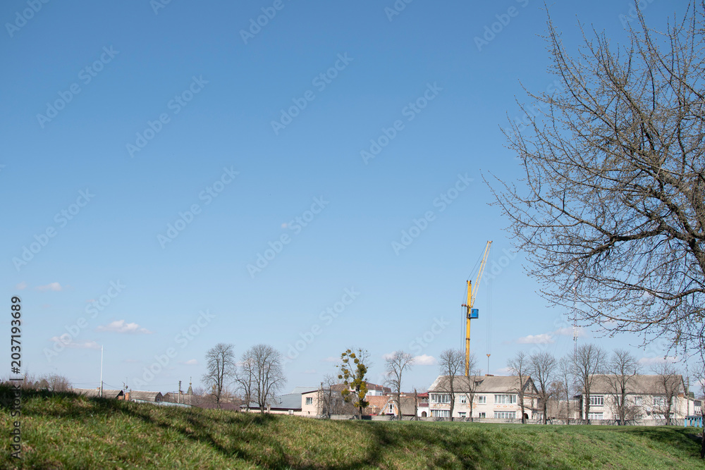 Obraz premium Landcsape with a tree branches, houses and crane against blue sky 