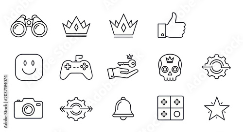 Set of Gaming and Achievement Icons: Game Controller, Crown, Skull, Thumbs Up, Camera
