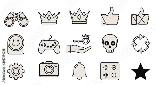 Set of gaming and success icons: binoculars, crowns, thumbs up, joystick, key, skull, refresh, gear, camera, bell, star