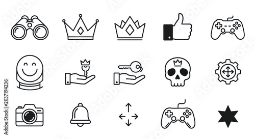 Set of icons for games, social media, and apps: binoculars, crowns, thumbs up, controllers