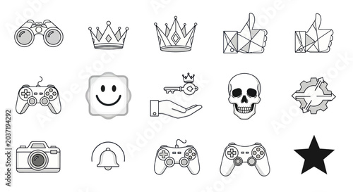 Set of icons for gaming, strategy, and social media - binocular, crowns, like, controllers, skull