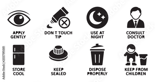 Medical use instructions vector icons explaining gentle application and proper disposal.