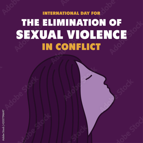 International Day for the Elimination of Sexual Violence in Conflict vector illustration with a side profile of a woman looking up on a purple background.