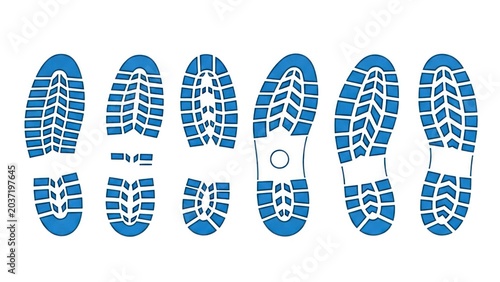 A diverse collection of blue shoe sole imprints showcasing various tread patterns for different activities and terrains.