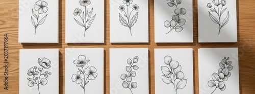 A serene collection of minimalist botanical sketches beautifully displayed on a wooden tabletop under soft sunlight.