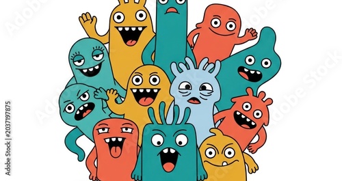 A playful and colorful assembly of quirky doodle monsters full of personality and charm.