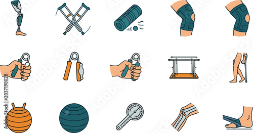 Bild auf Leinwand Rehabilitation and Mobility Support Equipment Collection Featuring Crutches, Kne