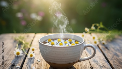 Embrace a moment of pure serenity with a steaming cup of fresh herbal chamomile tea in the golden morning light.