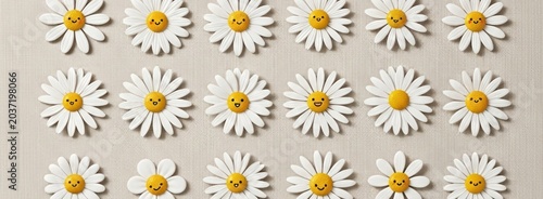 Spread joy and positivity with this charming pattern of smiling daisies on a textured neutral background.