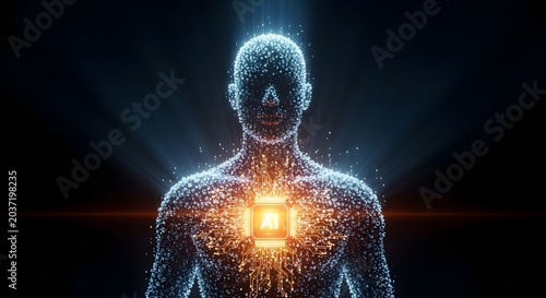 Abstract digital human with glowing core, symbolizing consciousness and advanced AI